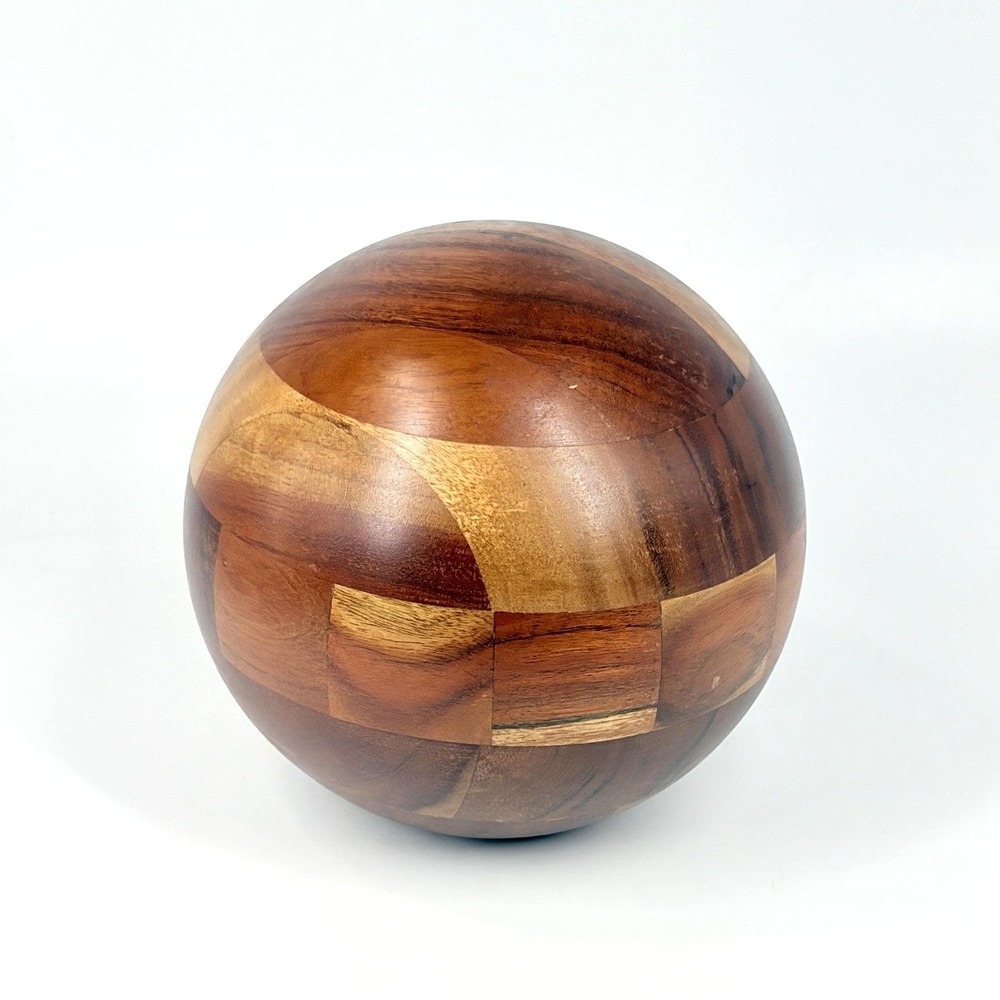 Vintage Segmented Wood Sphere Decorative Orb 6 Inch MCM Geometric Wooden Ball